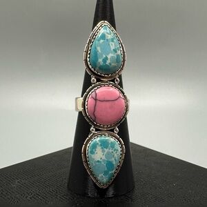 Pink Gibbsite & Blue Sea Sediment Jasper Sterling Silver 925 Statement Ring